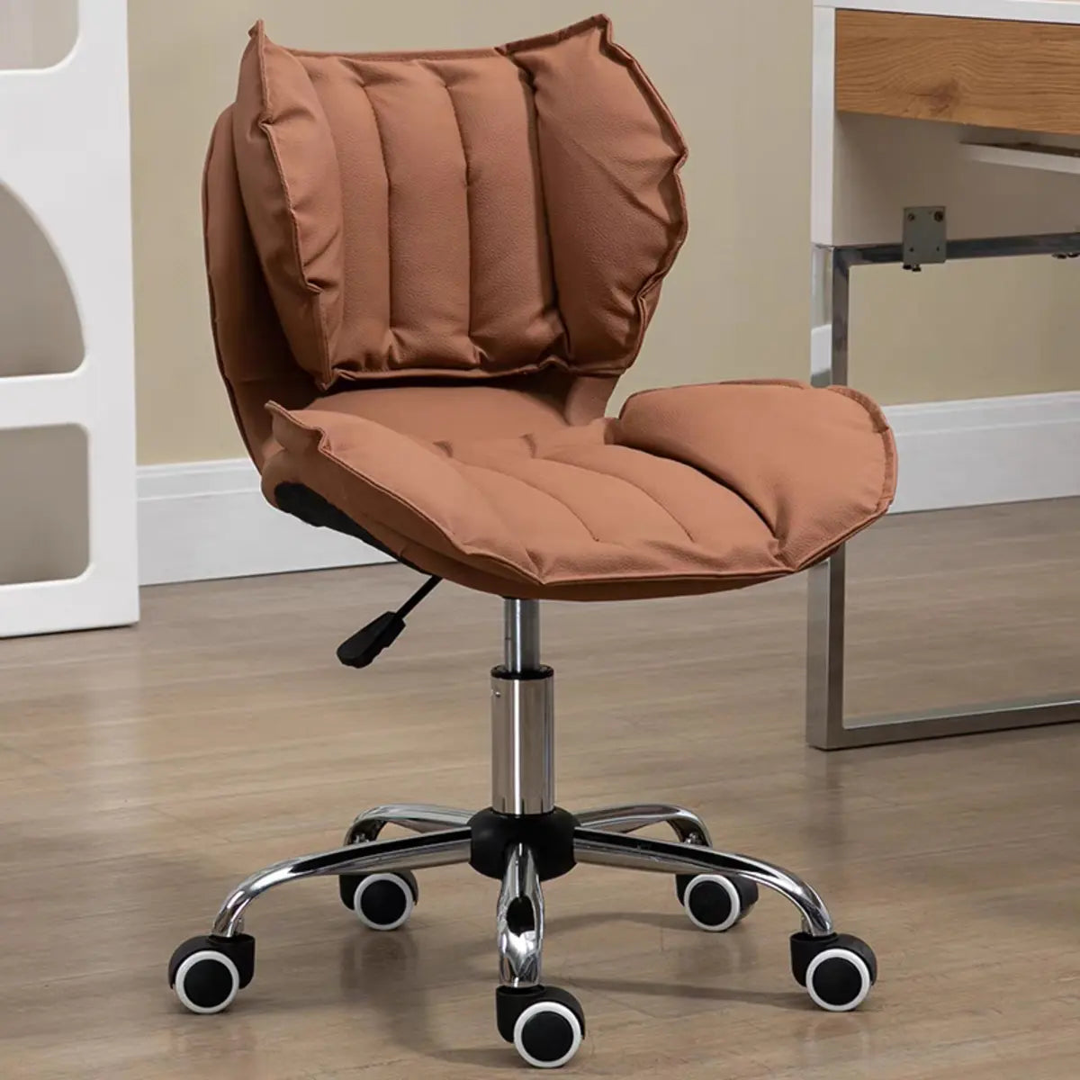 Modern Beige Upholstered Alloy Office Stool with Wheels Image - 20