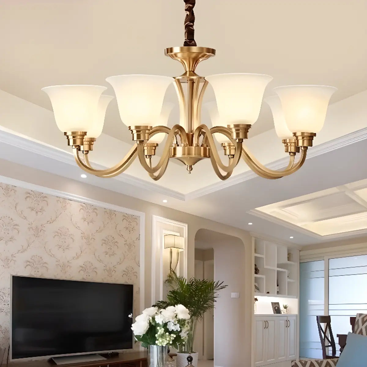 Modern Bell Brass Living Room Large Gold 8-Light Chandelier Image - 1