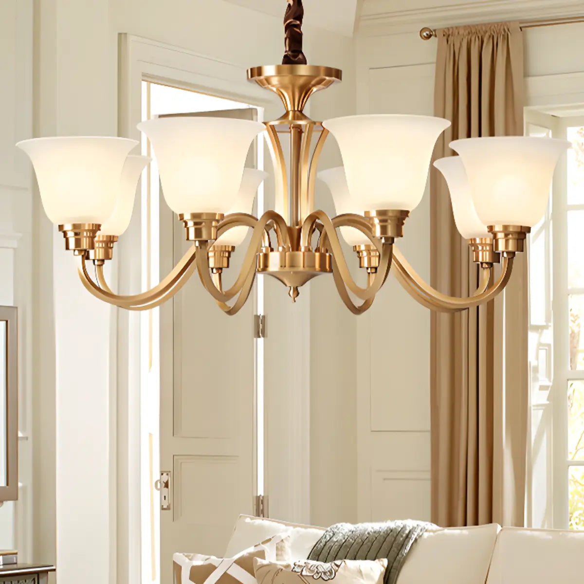 Modern Bell Brass Living Room Large Gold 8-Light Chandelier Image - 7