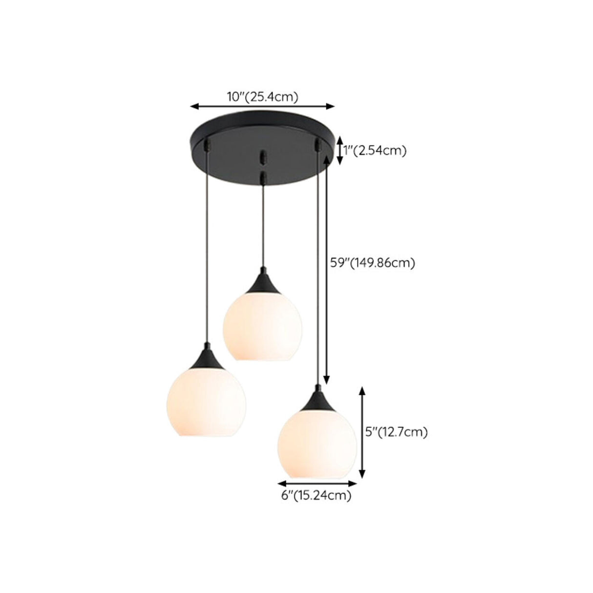 Modern Black 3-Light GLobe White Glass Pendant Light 