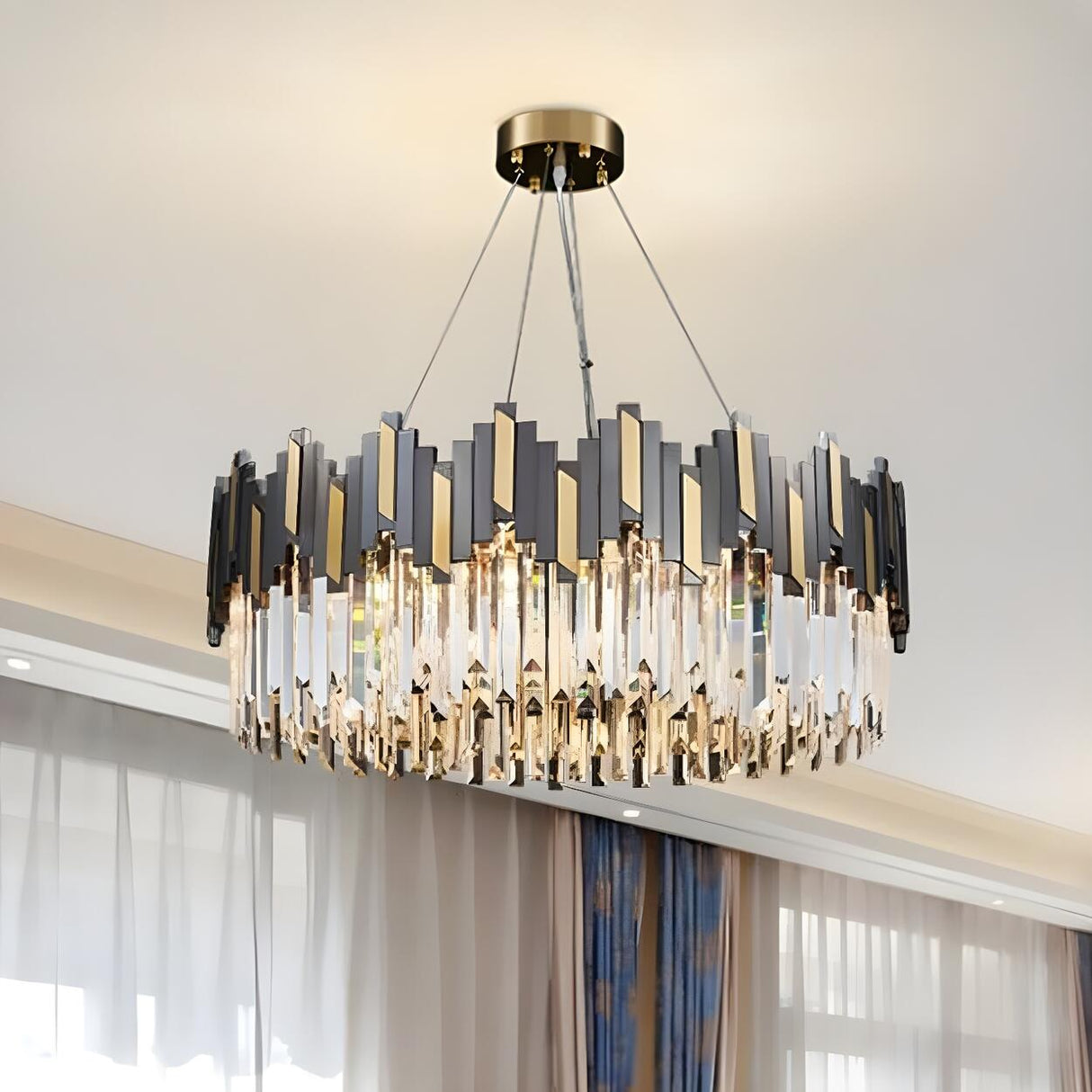 Modern Black and Gold Crystal Block Drum Chandelier Image - 1