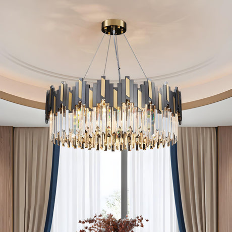 Modern Black and Gold Crystal Block Drum Chandelier Image - 2