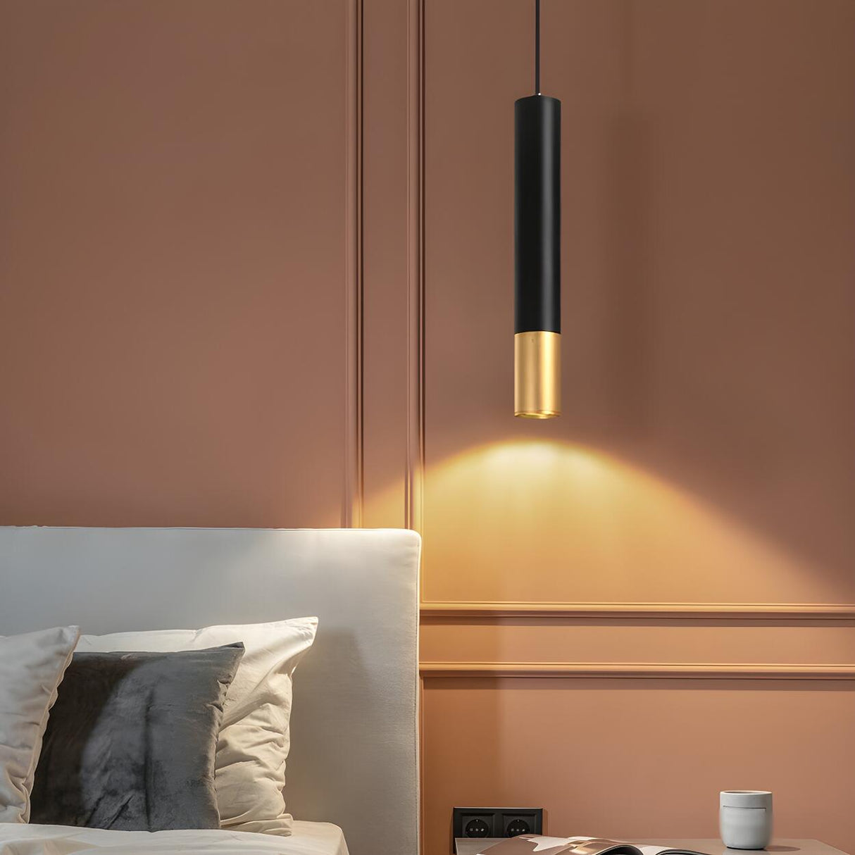 Modern Black and Gold Cylindrical Bedroom Pendant Light Image - 1