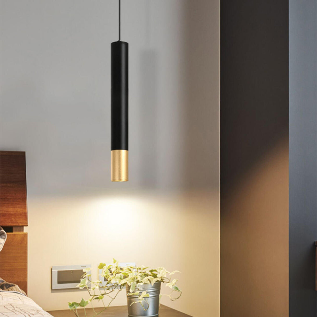 Modern Black and Gold Cylindrical Bedroom Pendant Light Image - 13