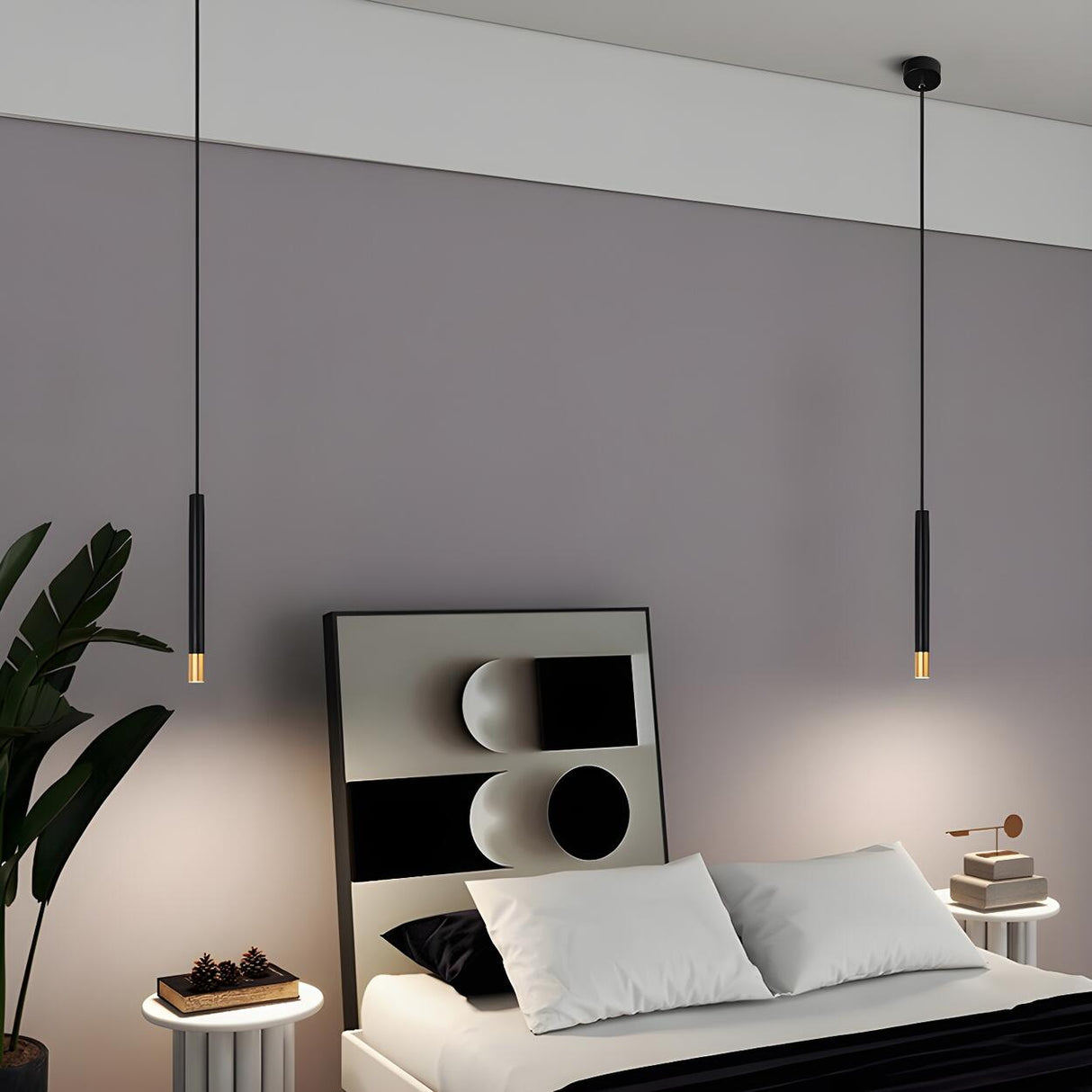 Modern Black and Gold Cylindrical Bedroom Pendant Light Image - 4