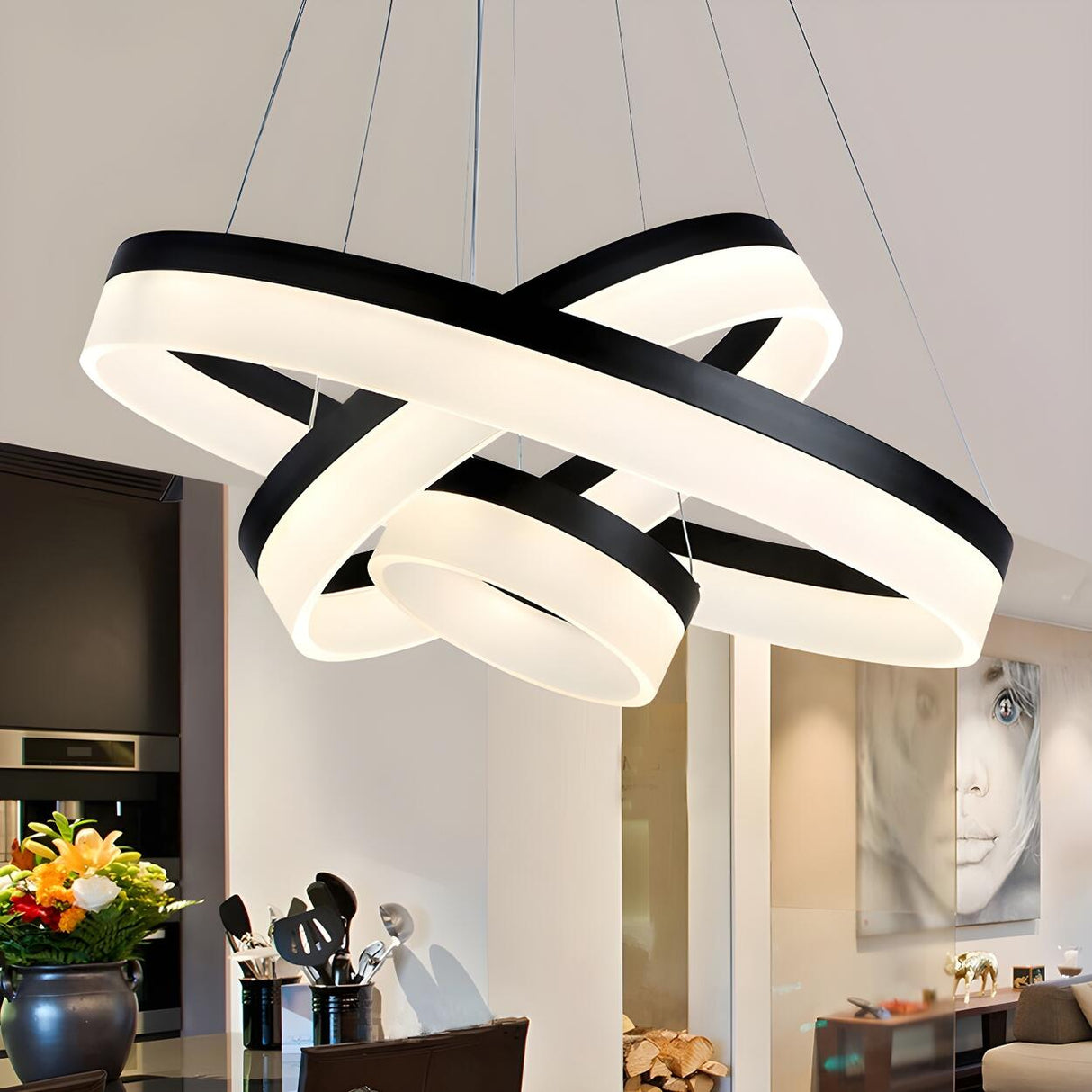 Modern Black and White Ring Acrylic Loop Pendant Chandelier Image - 1