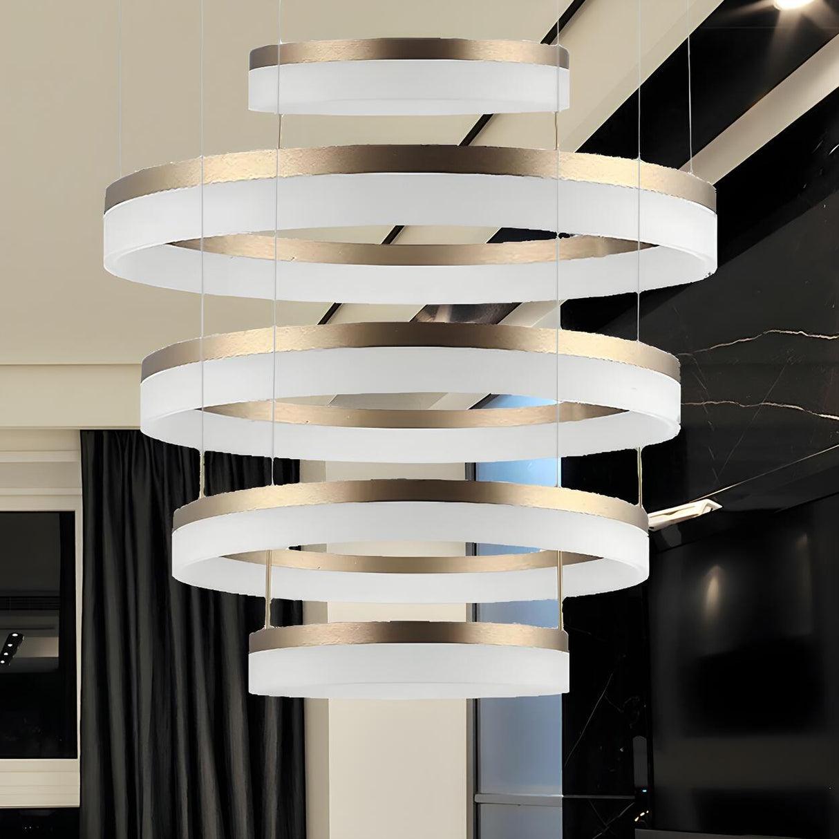 Modern Black and White Ring Acrylic Loop Pendant Chandelier Image - 47