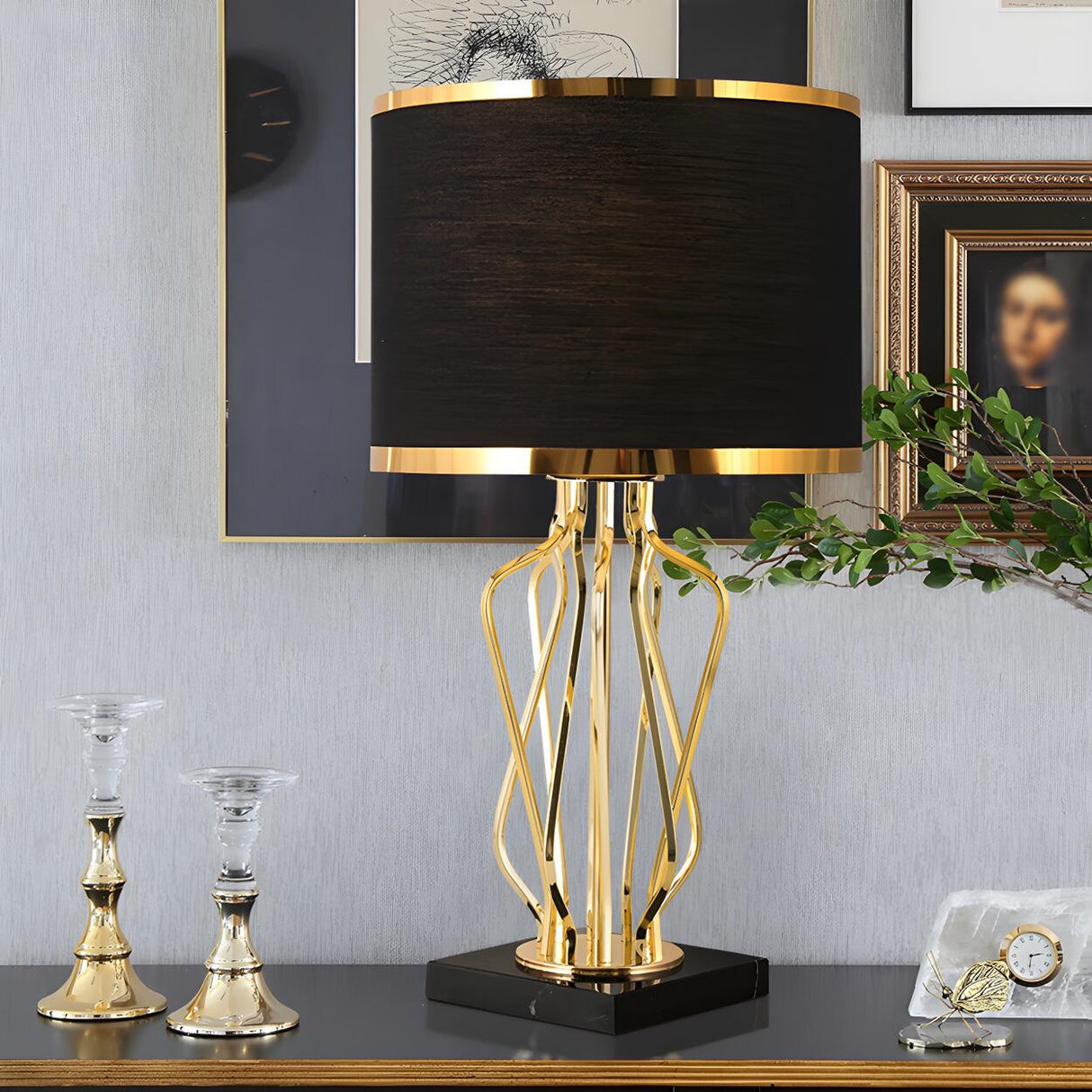 Modern Black Barrel Shade Chic Metal Base Table Lamp Image - 15