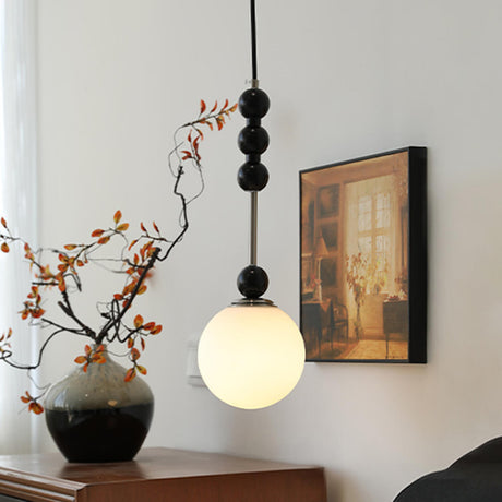 Modern Black Bead Chain White Glass Pendant Light Image - 2