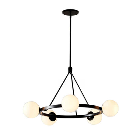 Modern Black Circular 6 Lights White Globe Chandelier Image - 2