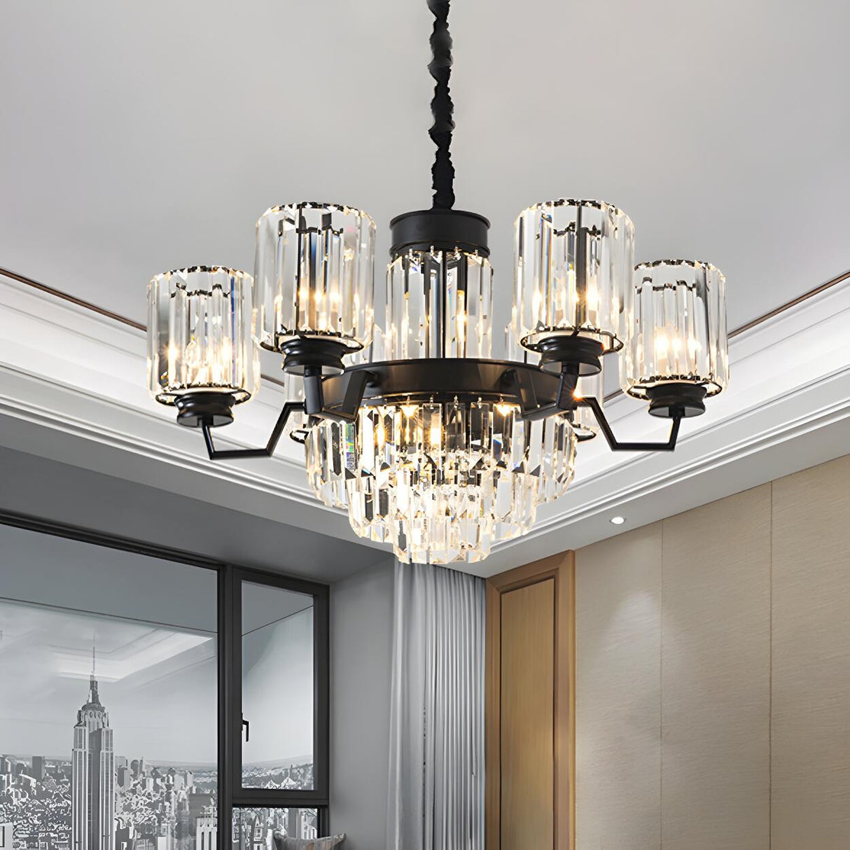 Modern Black Clear Crystal Cylinder Round Chandelier Image - 1