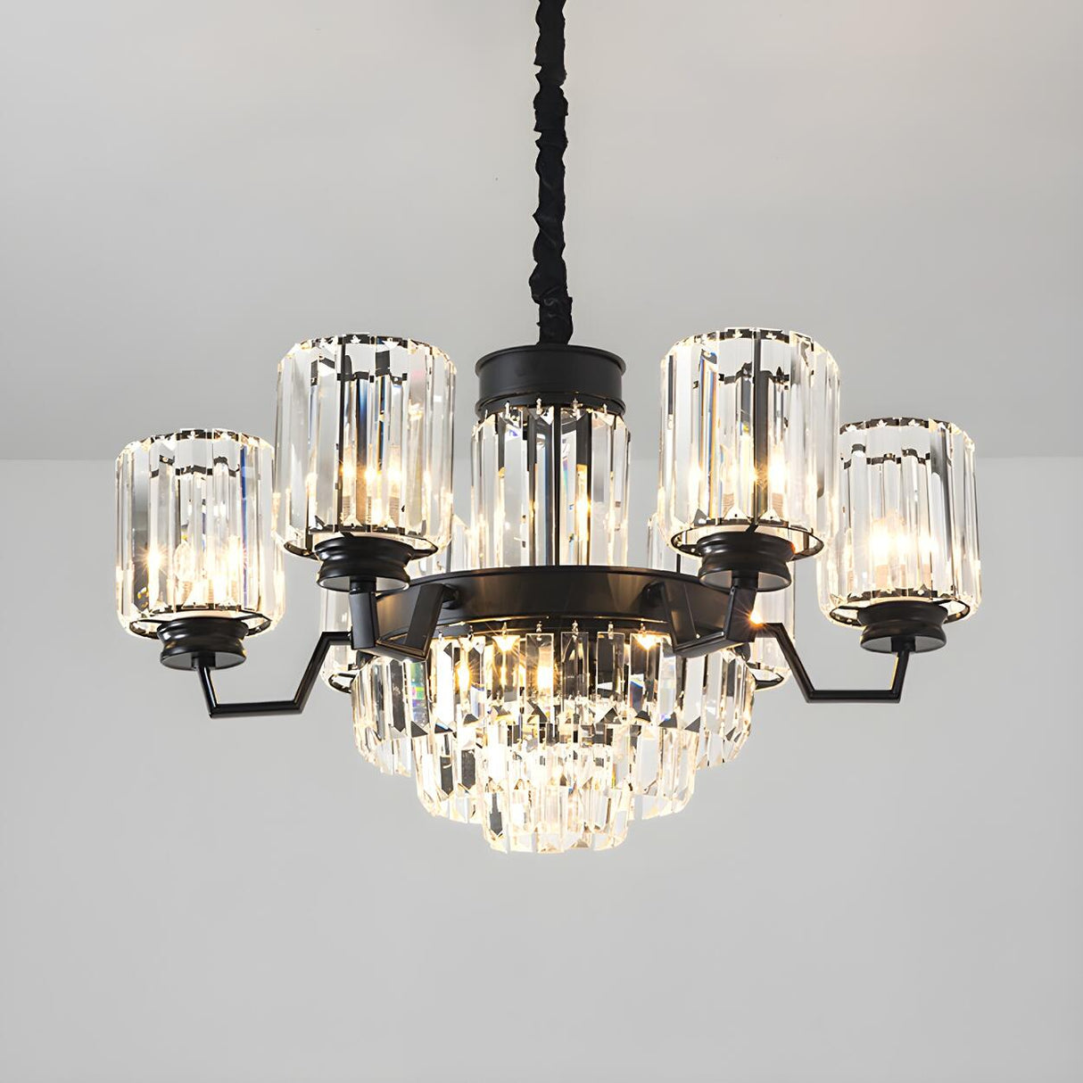 Modern Black Clear Crystal Cylinder Round Chandelier Image - 3