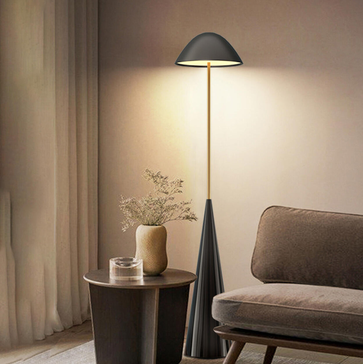 Modern Black Cone Base and Dome Shade Floor Lamp Image - 6