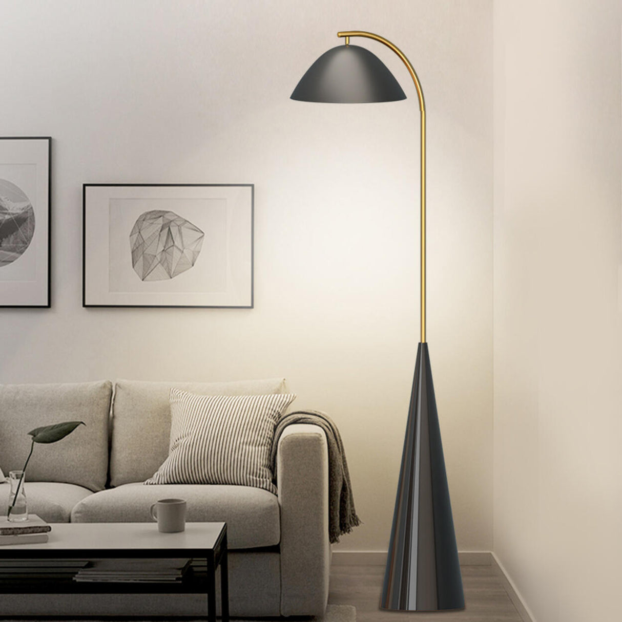 Modern Black Cone Base and Dome Shade Floor Lamp Image - 7