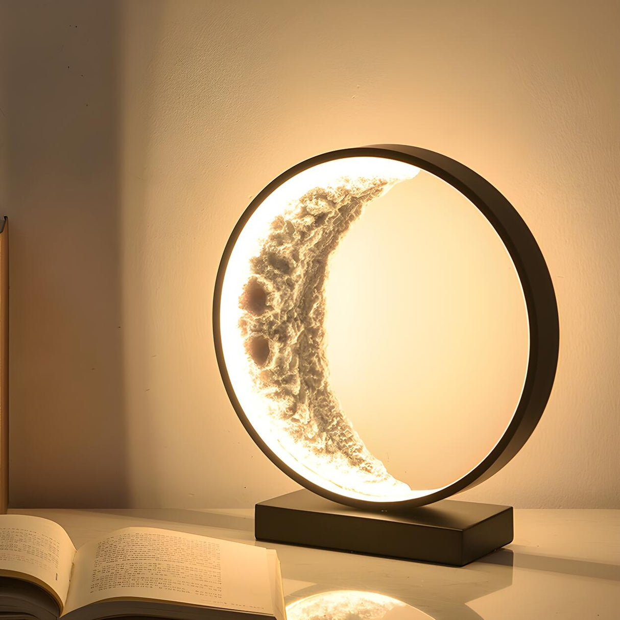 Modern Black Creative Crescent Moon Circular Table Lamp Image - 1