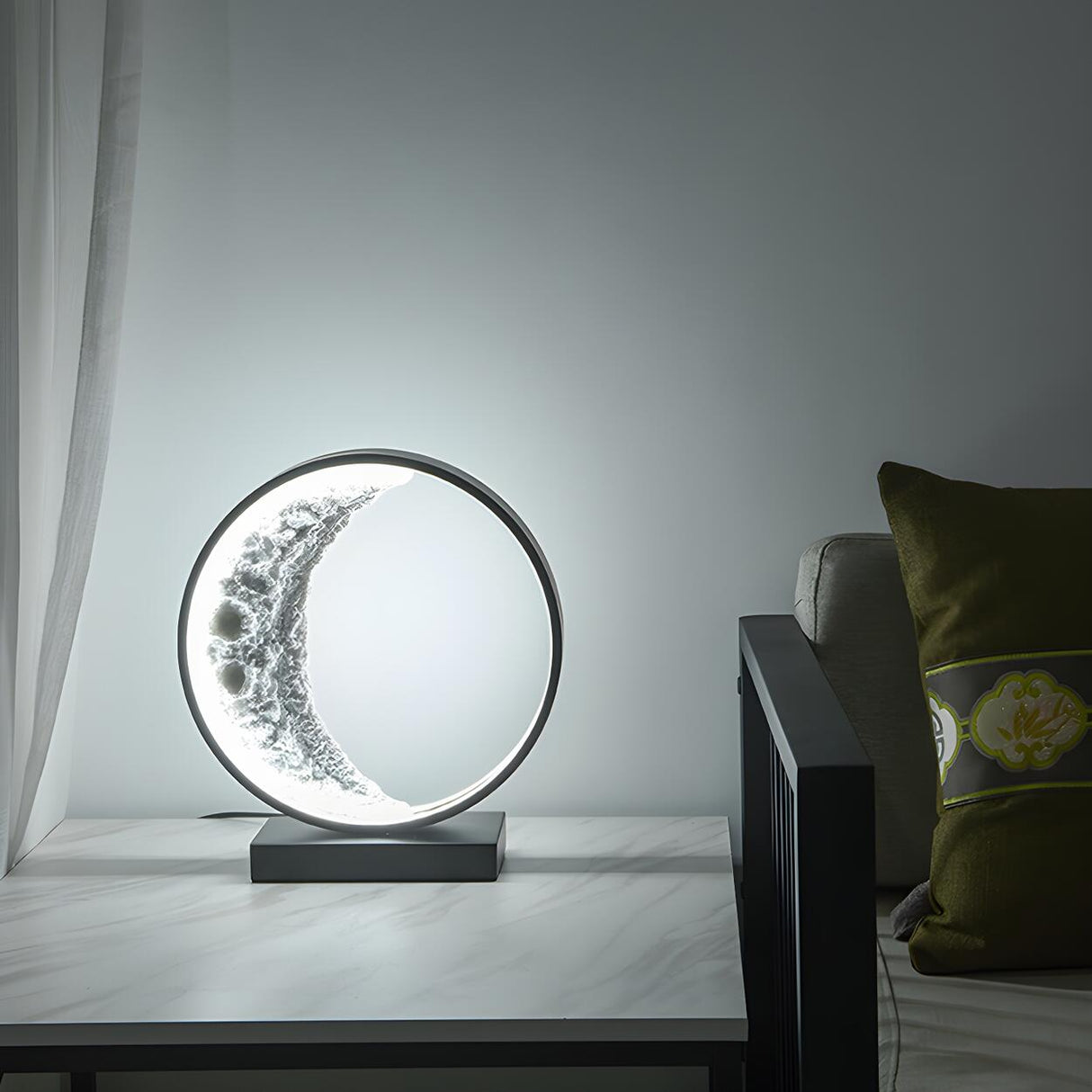 Modern Black Creative Crescent Moon Circular Table Lamp Image - 13