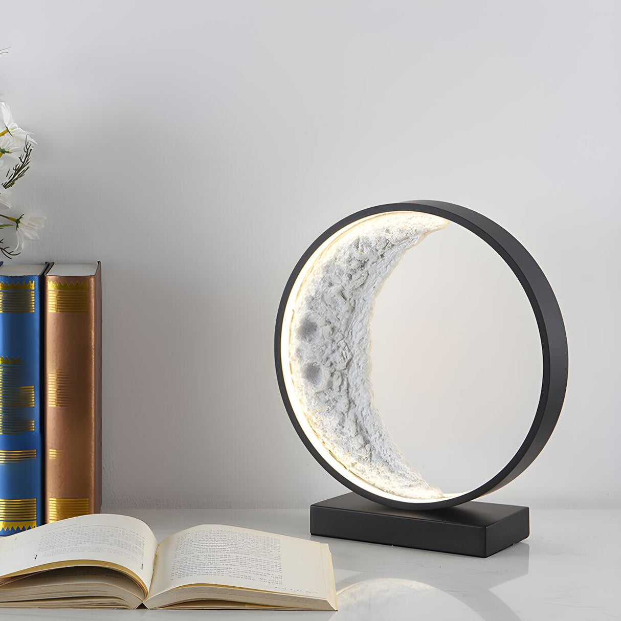 Modern Black Creative Crescent Moon Circular Table Lamp Image - 14