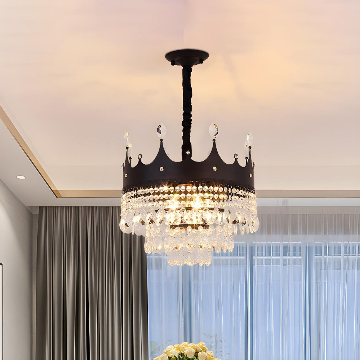 Modern Black Crown Crystal Pendant Kids Room Chandelier Image - 2