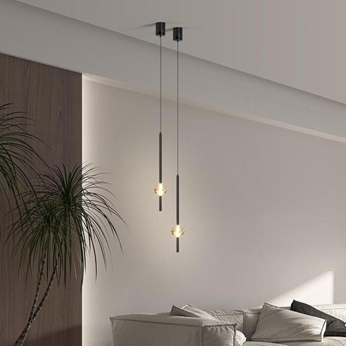 Modern Black Crystal Rod Cylinder Bedroom Pendant Light Image - 5