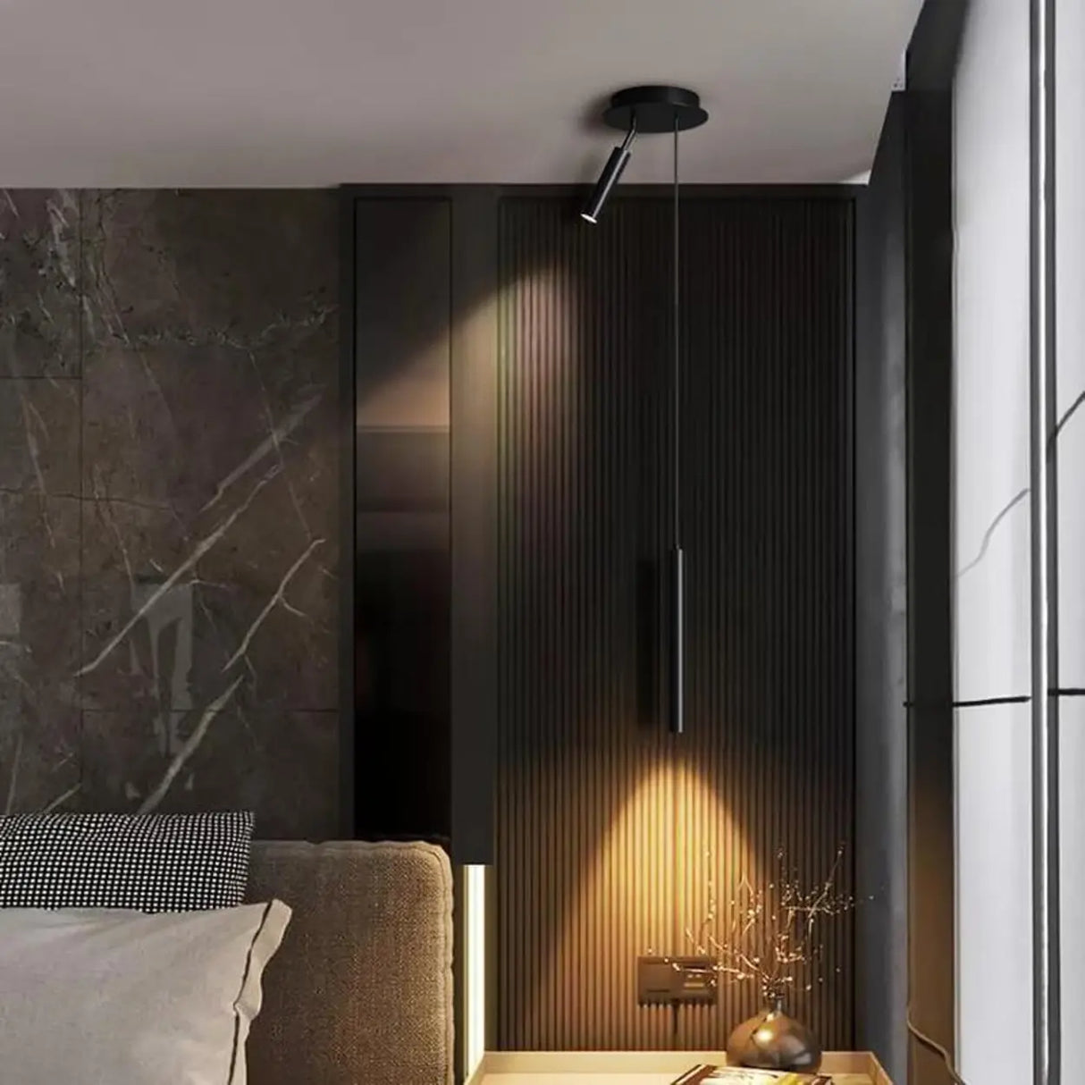 Modern Black Cylinder Bedroom Dual Heads LED Pendant Light Image - 12