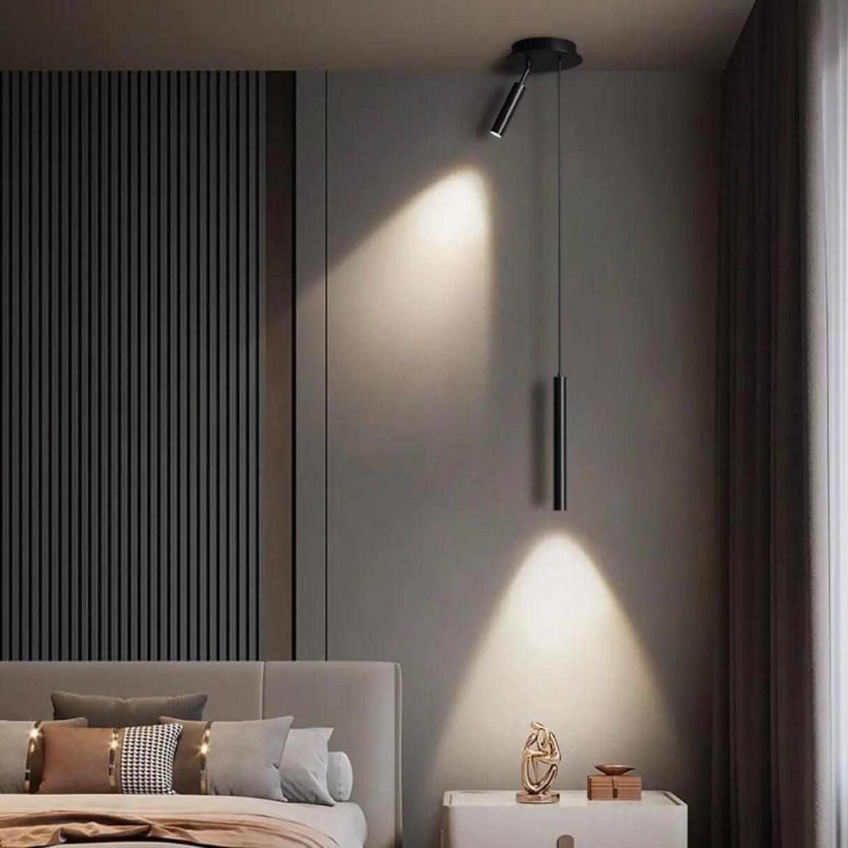 Modern Black Cylinder Bedroom Dual Heads LED Pendant Light Image - 4