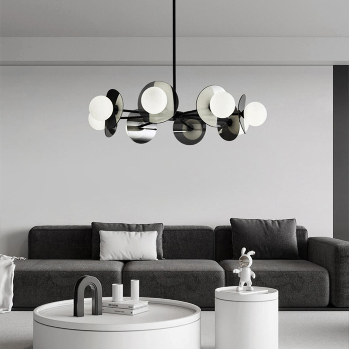 Modern Black Disc White Globe Bulbs LED Chandelier  Image - 1