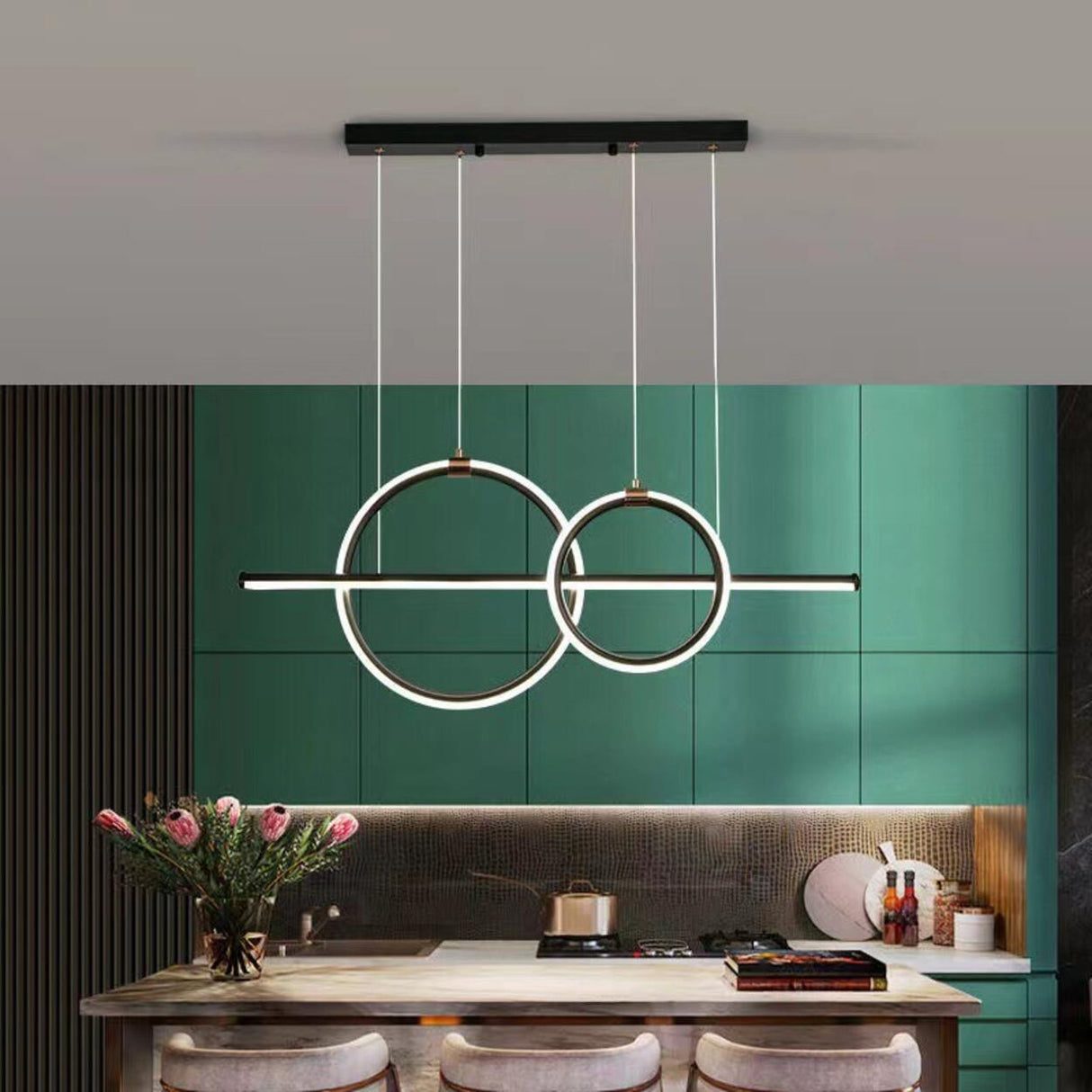 Modern Black Double Ring LED Island Pendant Light Image - 1