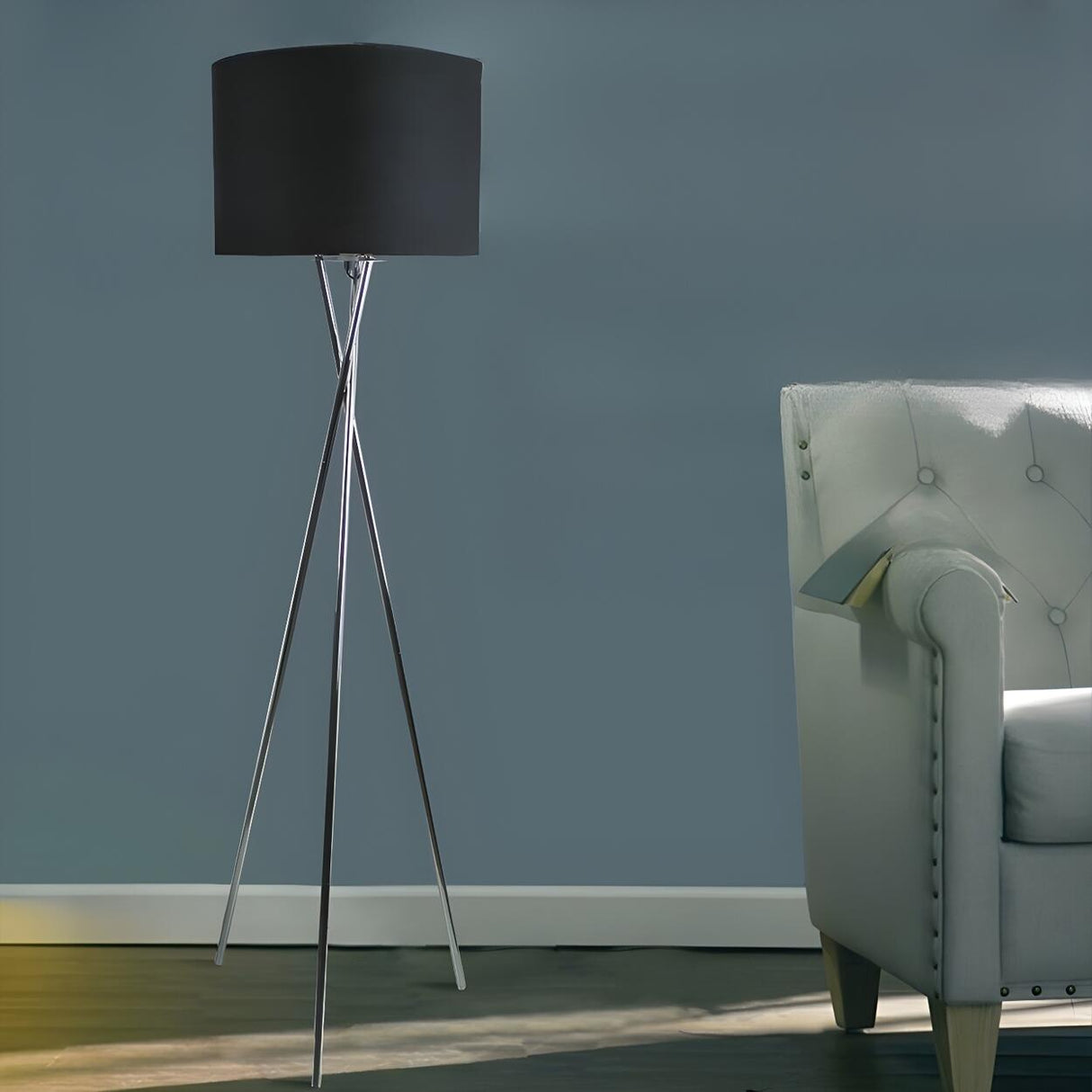 Modern Black Drum Shade Tripod Metal Floor Lamp Image - 3