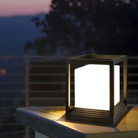 Modern Black Frame Cube Metal Outdoor Post Table Lamp Image - 1