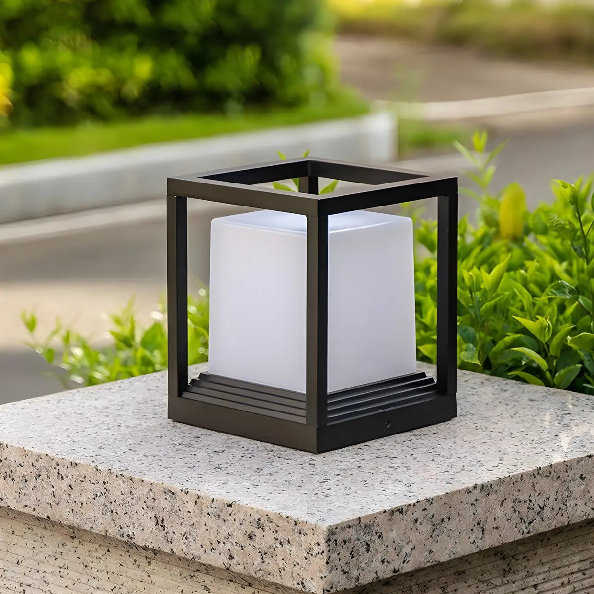 Modern Black Frame Cube Metal Outdoor Post Table Lamp Image - 11