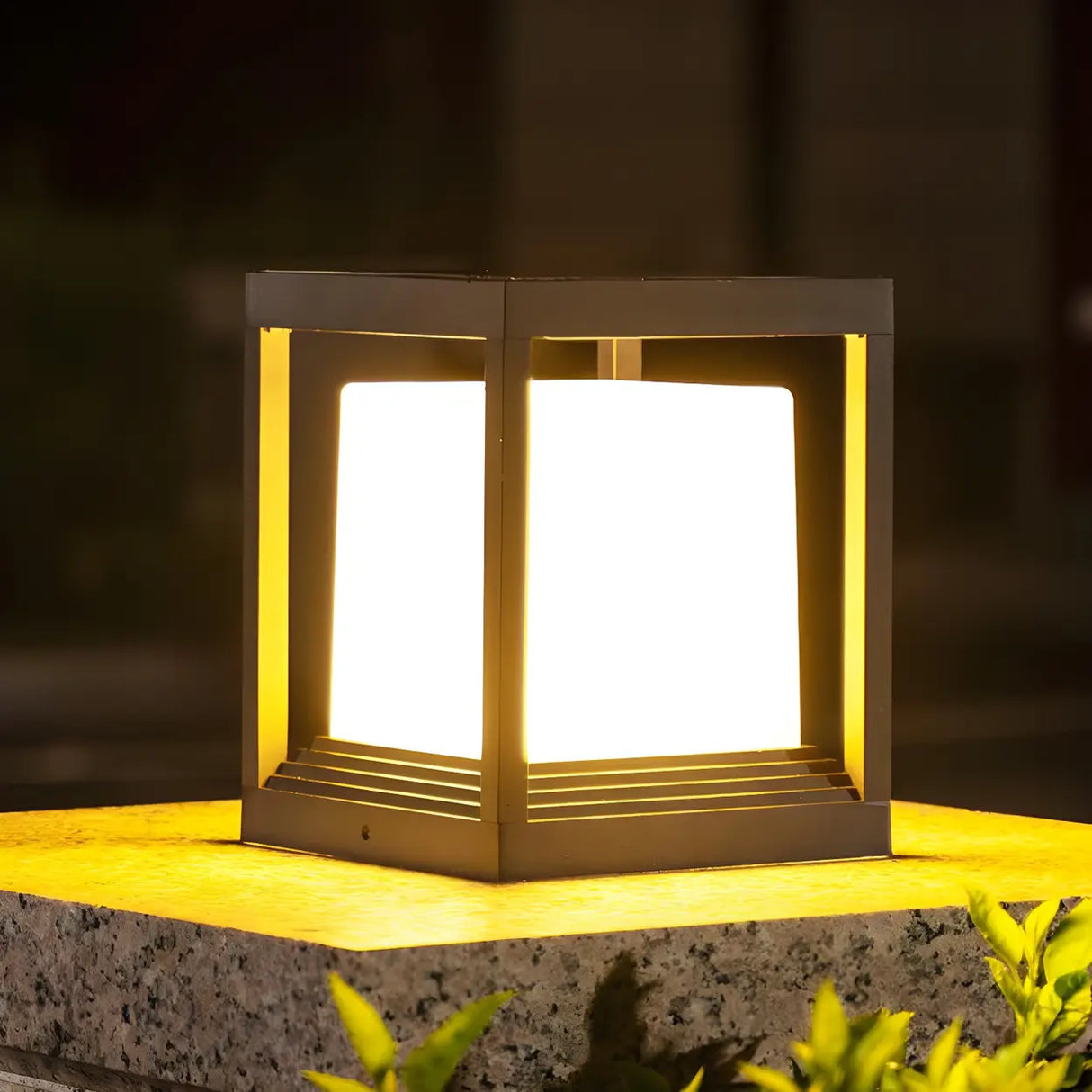 Modern Black Frame Cube Metal Outdoor Post Table Lamp Image - 4