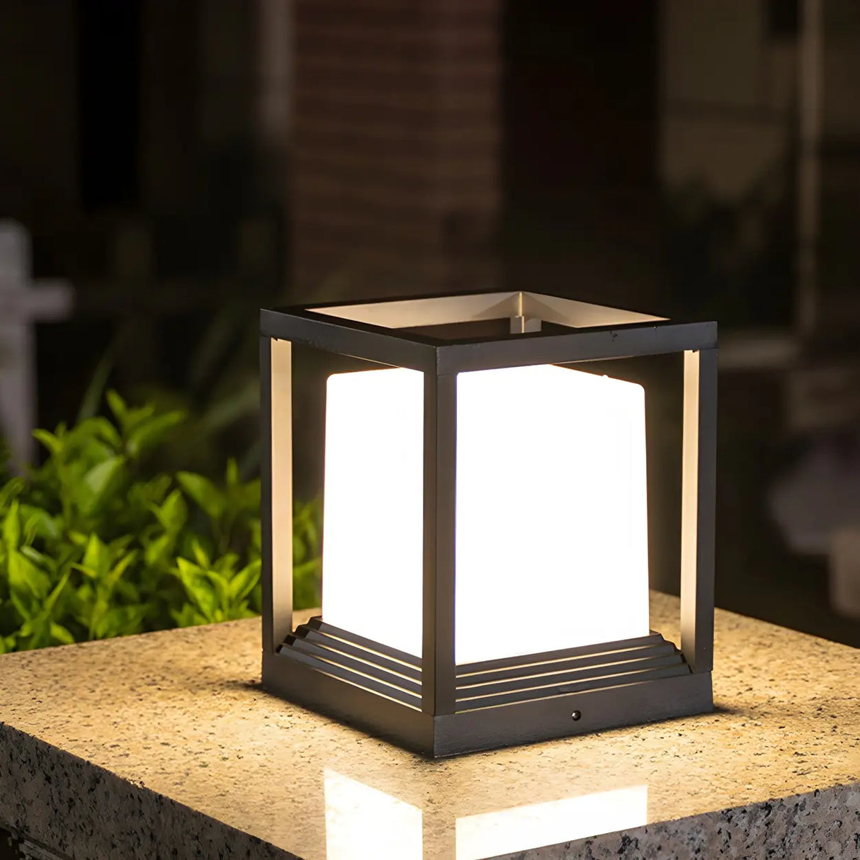 Modern Black Frame Cube Metal Outdoor Post Table Lamp Image - 5