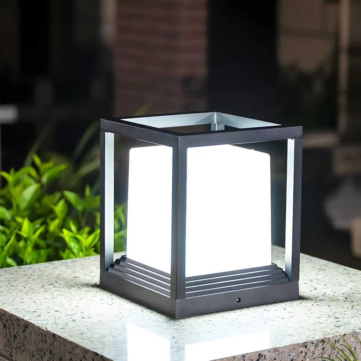 Modern Black Frame Cube Metal Outdoor Post Table Lamp Image - 6