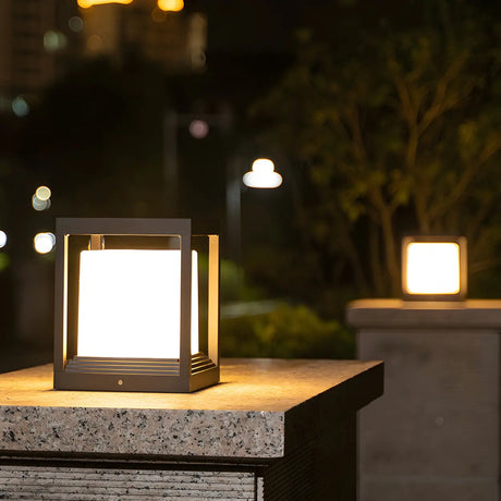 Modern Black Frame Cube Outdoor LED Lantern Post Light Image - 1