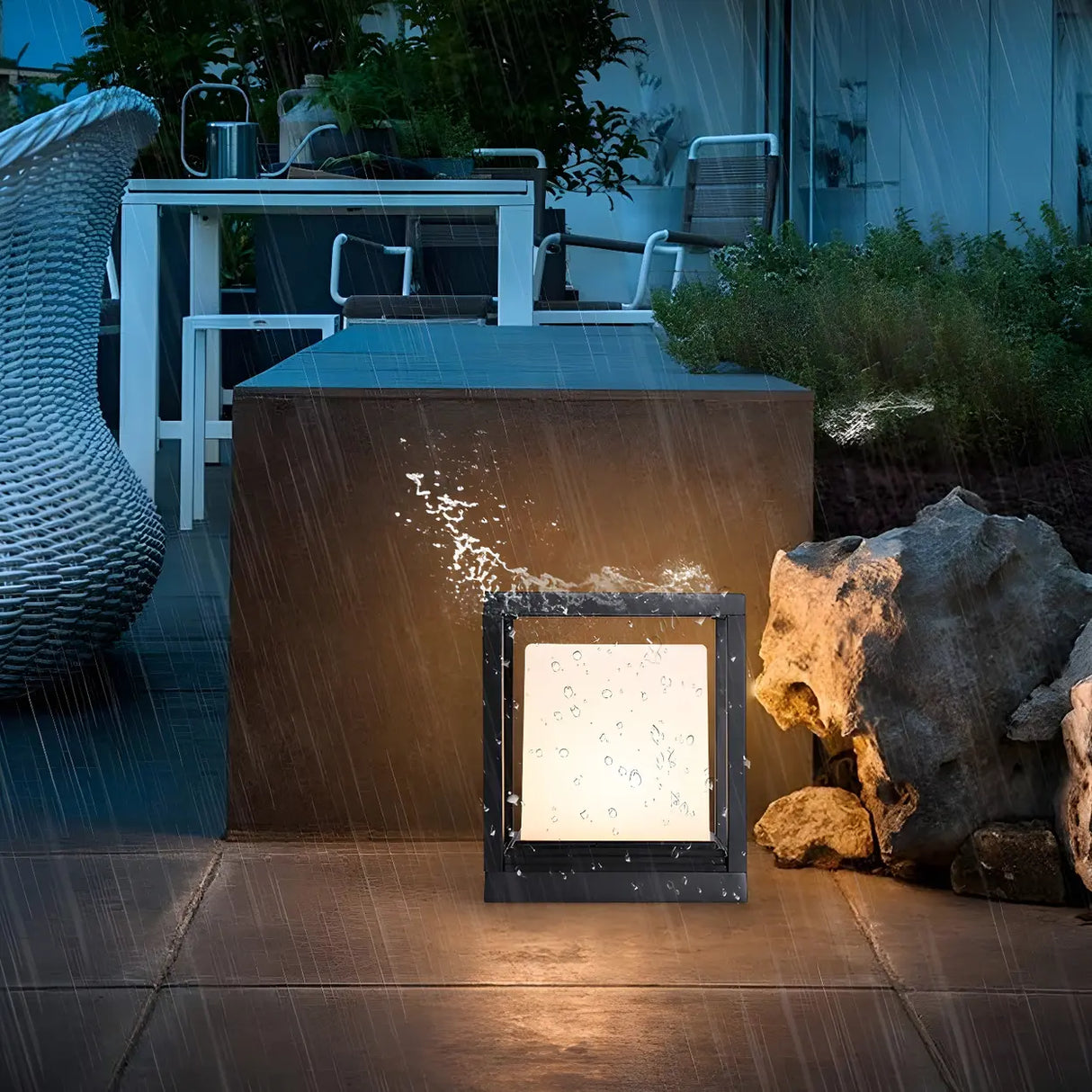 Modern Black Frame Cube Outdoor LED Lantern Post Light Image - 11