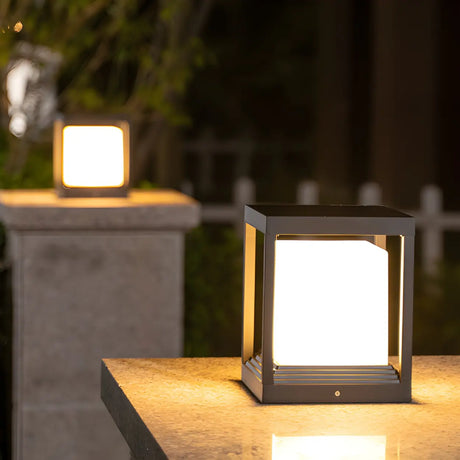 Modern Black Frame Cube Outdoor LED Lantern Post Light Image - 2