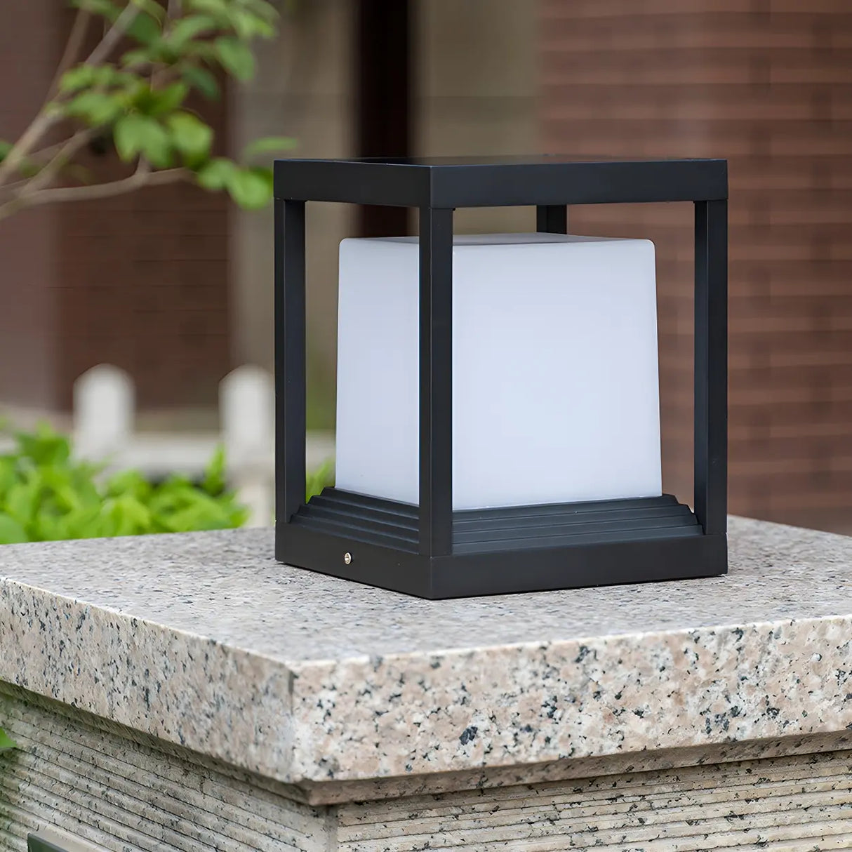 Modern Black Frame Cube Outdoor LED Lantern Post Light Image - 3