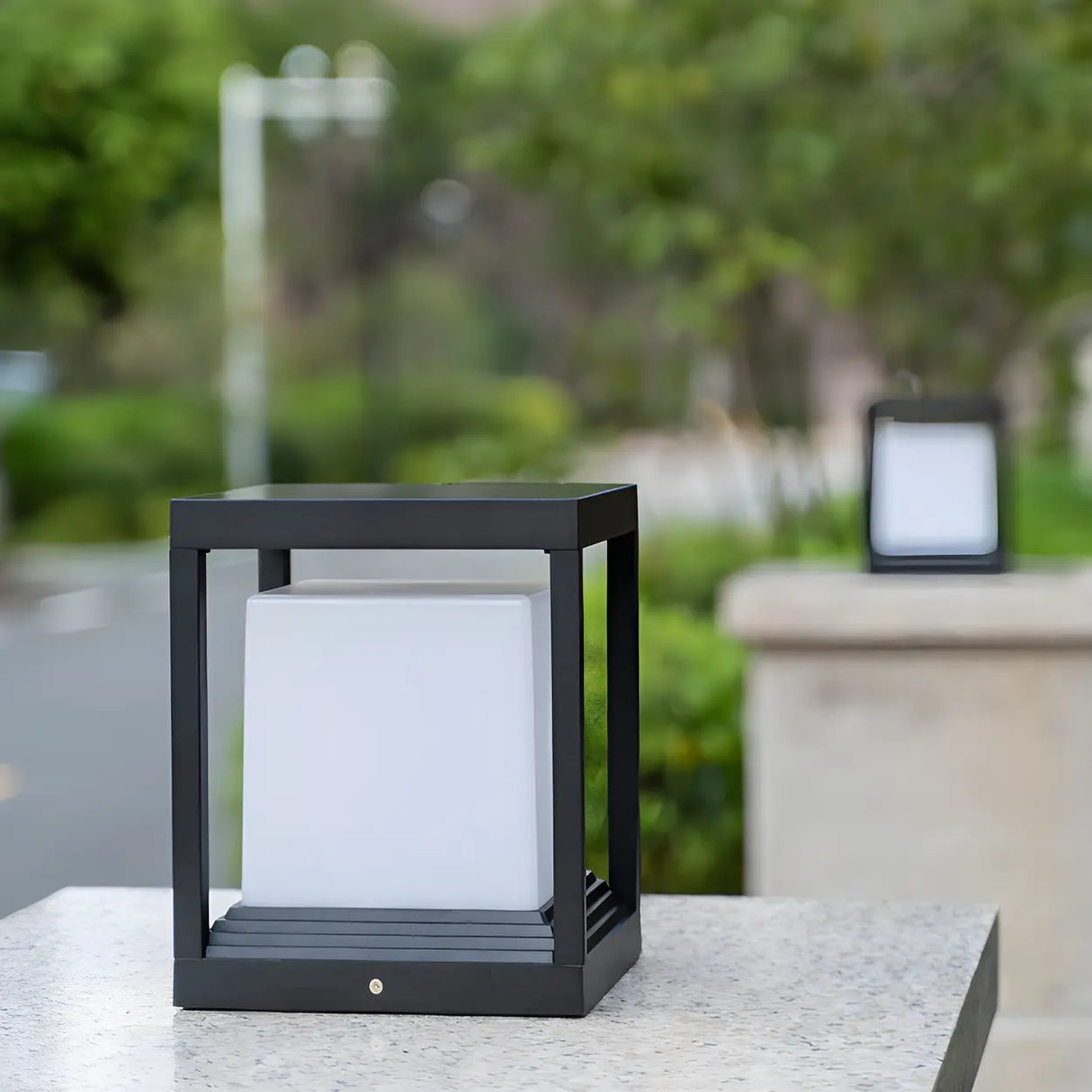 Modern Black Frame Cube Outdoor LED Lantern Post Light Image - 4