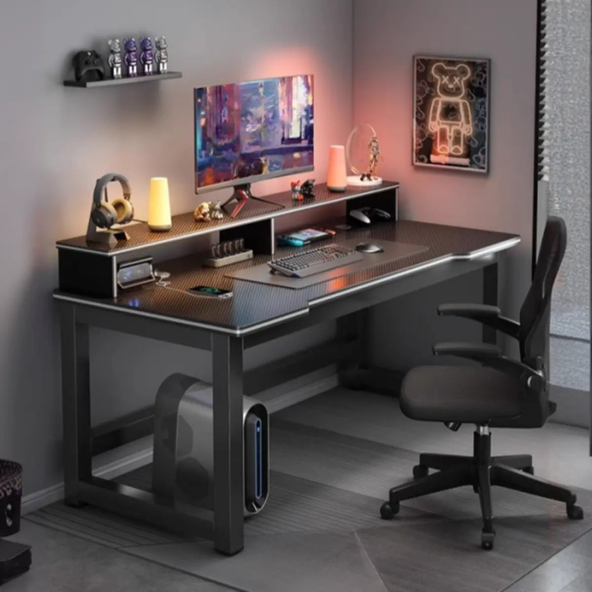 Modern Black Free Form Metal H-Shape Base Computer Desk Image - 4