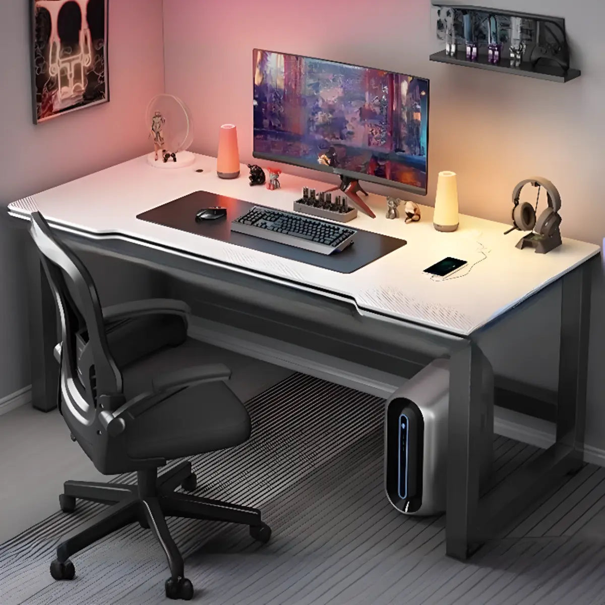 Modern Black Free Form Metal H-Shape Base Computer Desk Image - 6