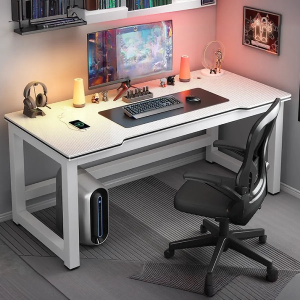 Modern Black Free Form Metal H-Shape Base Computer Desk Image - 9