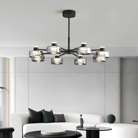 Modern Black Glass Round Cylinder Chandelier Living Room Image - 1