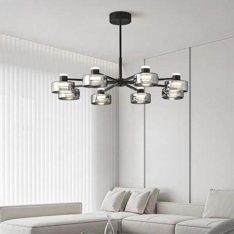 Modern Black Glass Round Cylinder Chandelier Living Room Image - 2