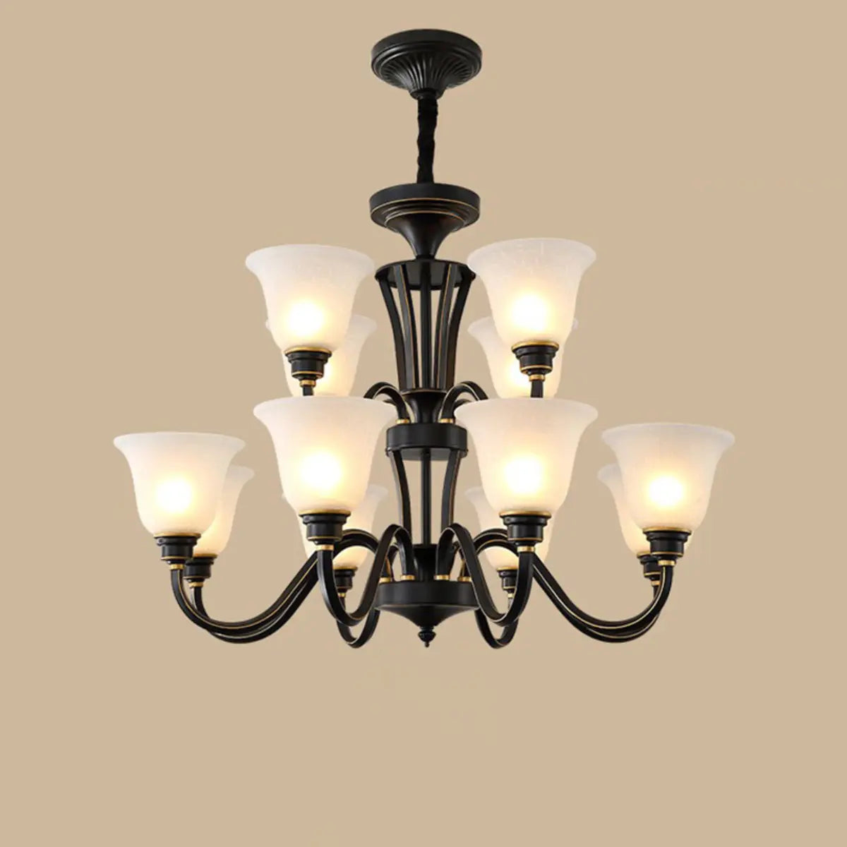 Modern Black Iron Ceiling Chandelier with Glass Shades Image - 11