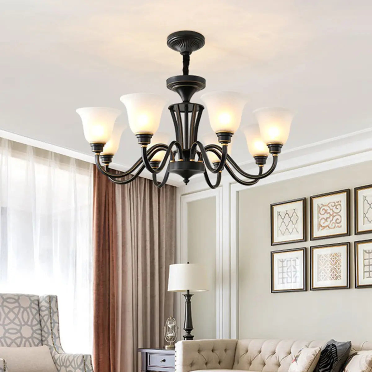 Modern Black Iron Ceiling Chandelier with Glass Shades Image - 19