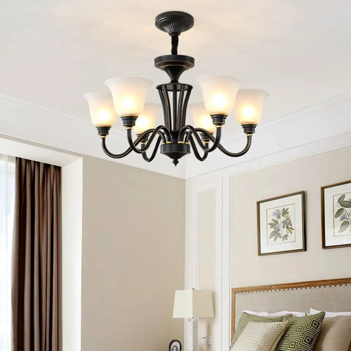 Modern Black Iron Ceiling Chandelier with Glass Shades Image - 1