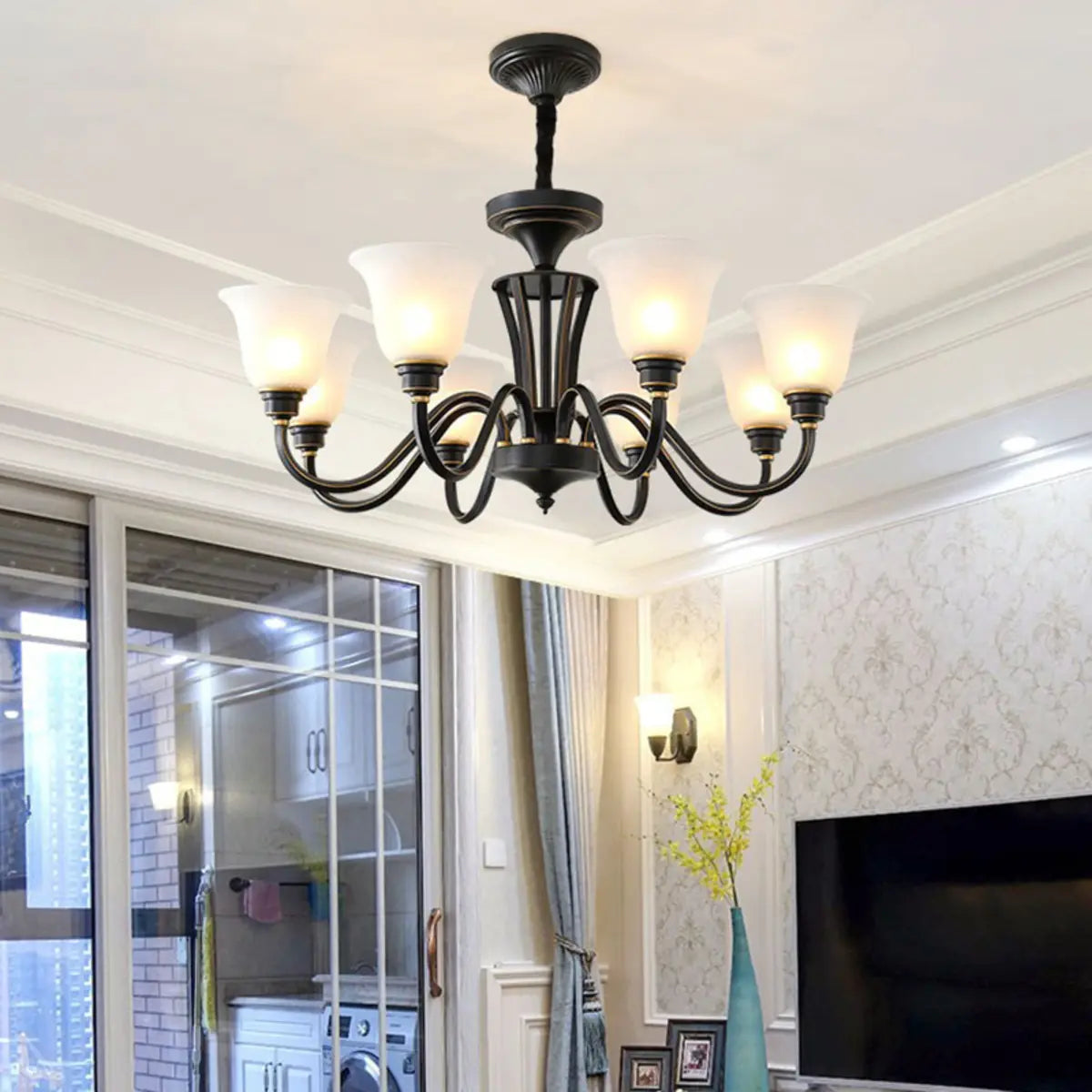 Modern Black Iron Ceiling Chandelier with Glass Shades Image - 6