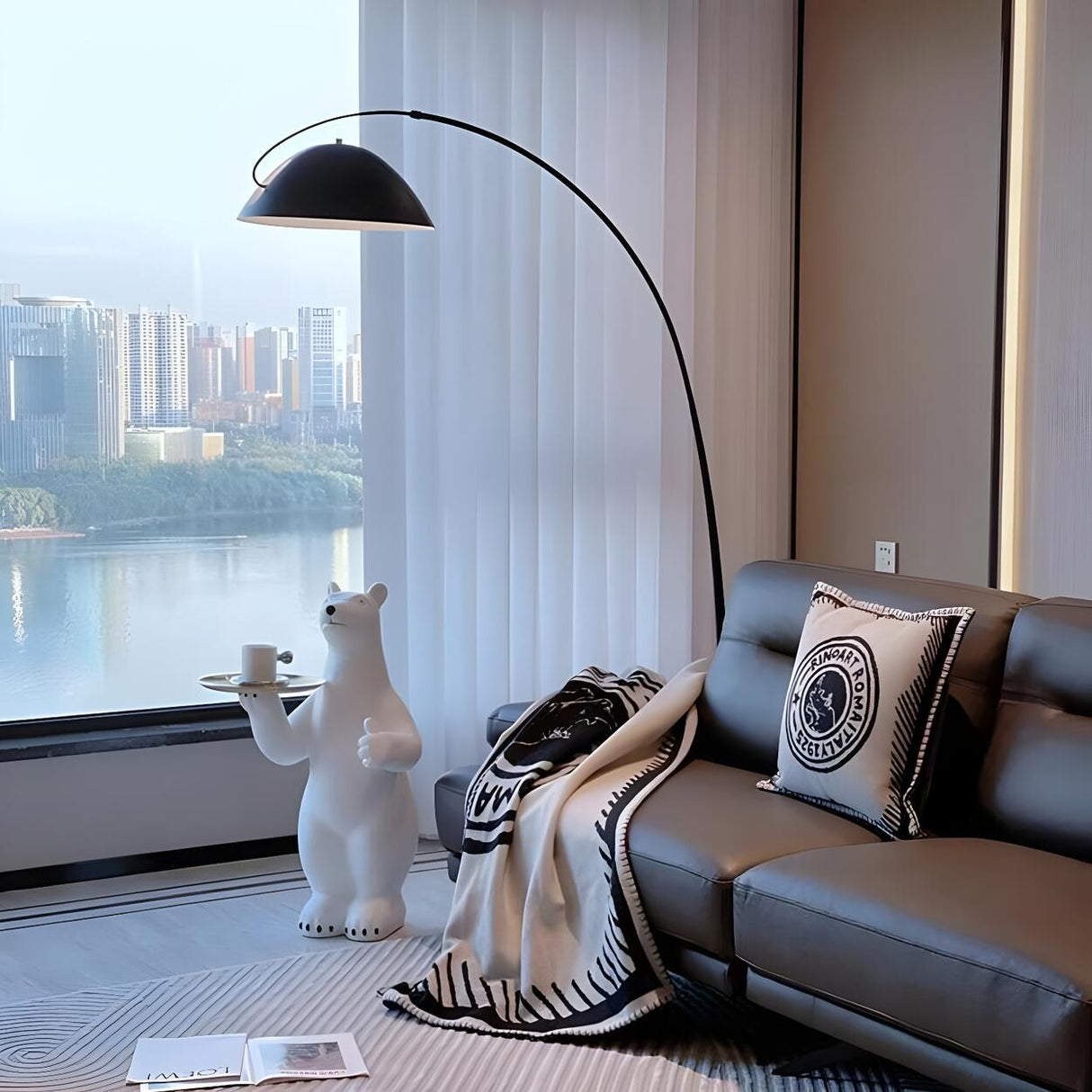 Modern Black LED Arc Wide Dome Metal Floor Lamp Image - 5