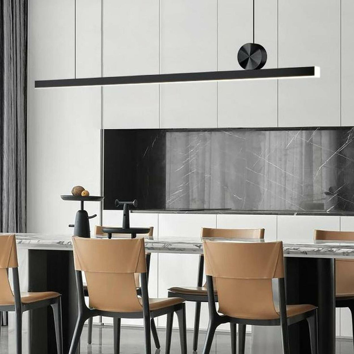 Modern Black Linear and Round Island Pendant Light Image - 3