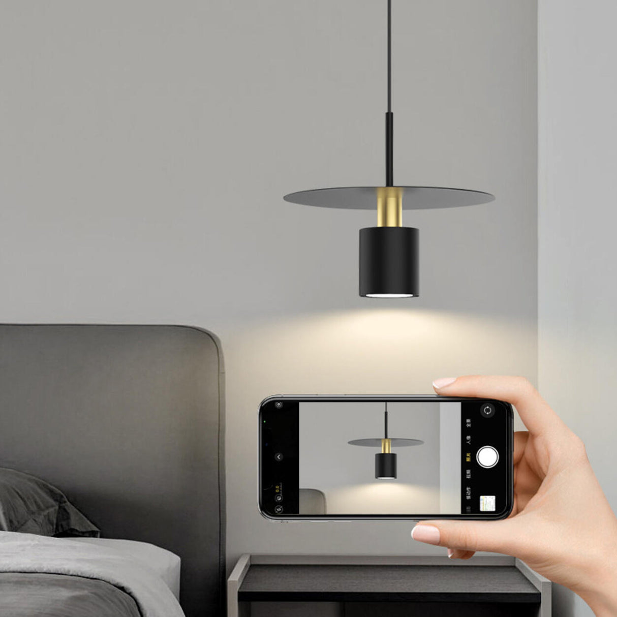 Modern Black Metal Disk Cylinder Pendant Light Image - 14